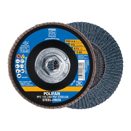Pferd 4-1/2" x 5/8-11 Thd. POLIFAN Flap Disc - Z PSF STEELOX, Zirconia, 40 Grit, Conical 62071